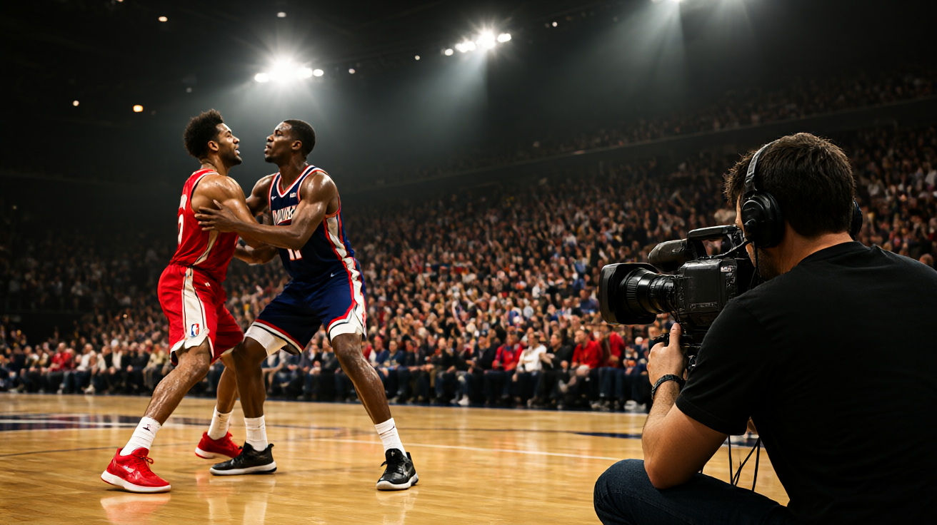 NBA篮球比赛现场，球员在球场上激烈对抗