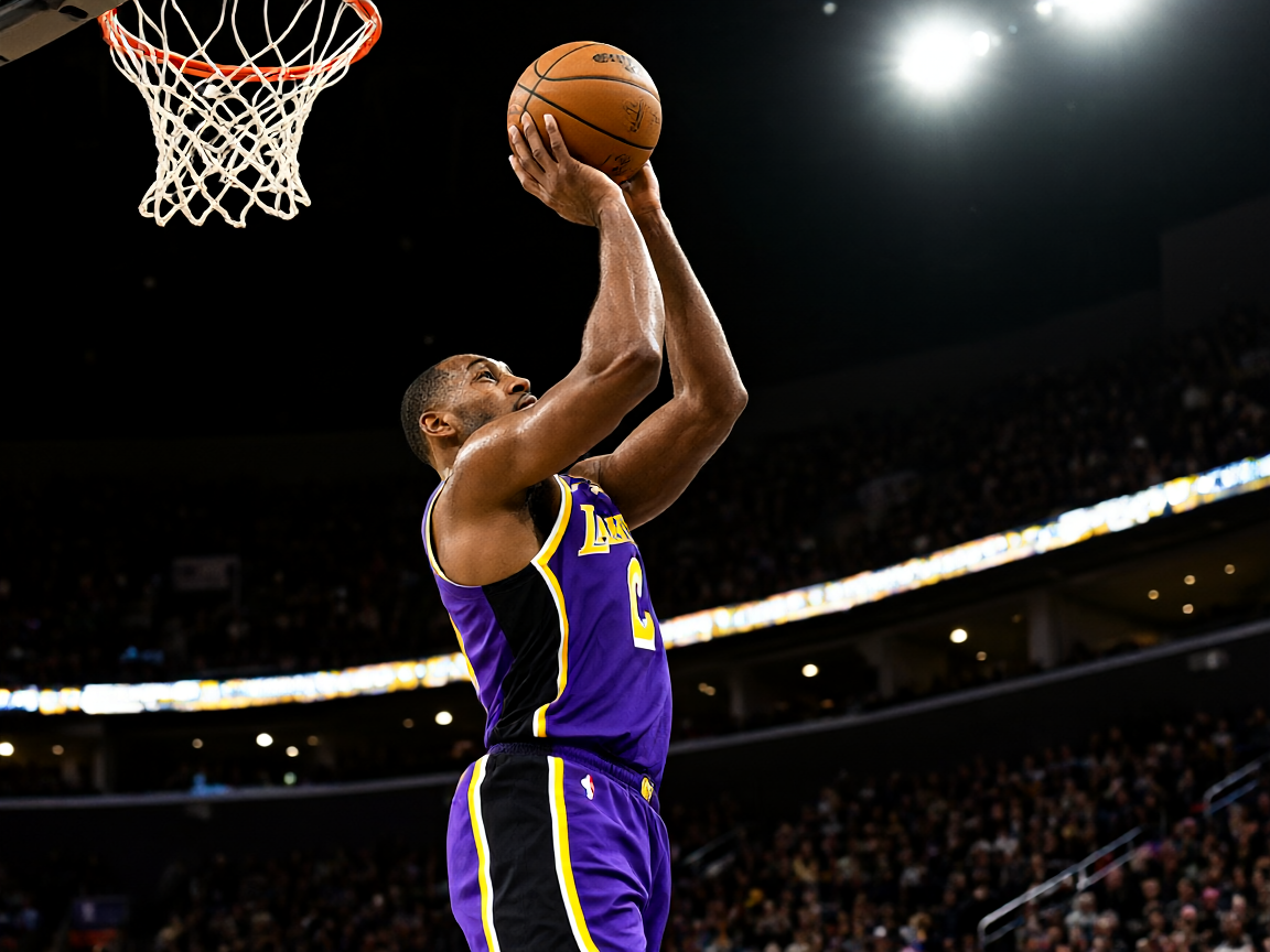 NBA比赛中洛杉矶湖人队球员三分投篮的精彩瞬间
